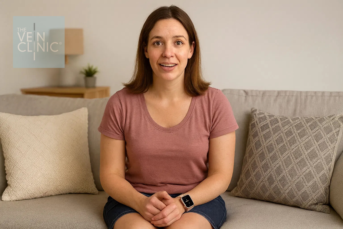 Smiling woman seated on sofa wearing smartwatch, representing a relaxed patient experience at The Vein Clinic Swindon. Smiling woman seated on sofa wearing smartwatch, representing a relaxed patient experience at The Vein Clinic Swindon.